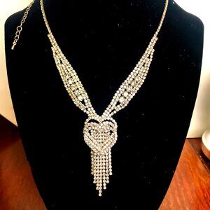 Fashion Silver Color Rhinestone Double Heart Necklace 9 inches, adjustable
